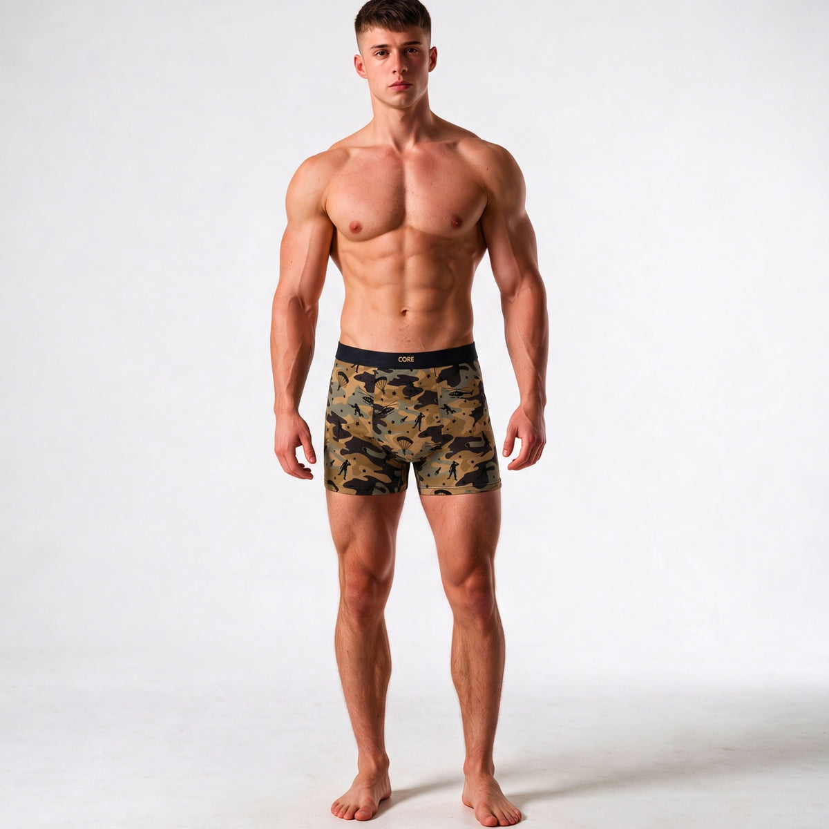 Full-length model wearing CORE Camo Military boxer briefs