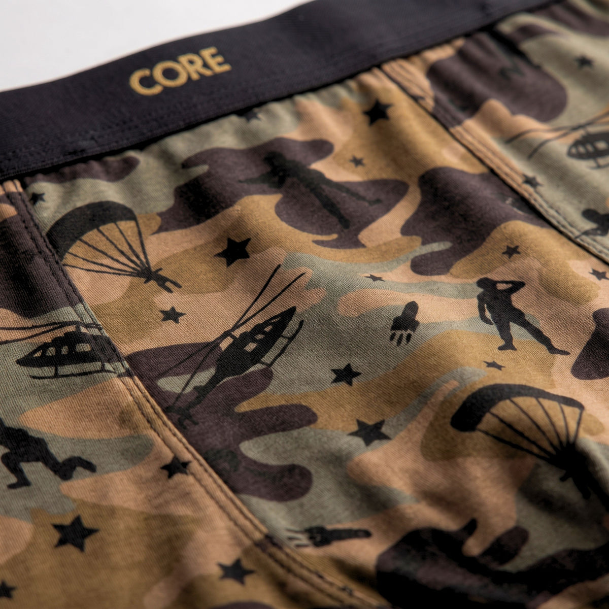 Close-up of CORE waistband and detailed military camouflage print