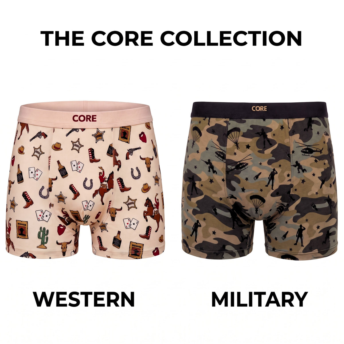 The CORE Collection: Western and Military print boxer briefs side by side