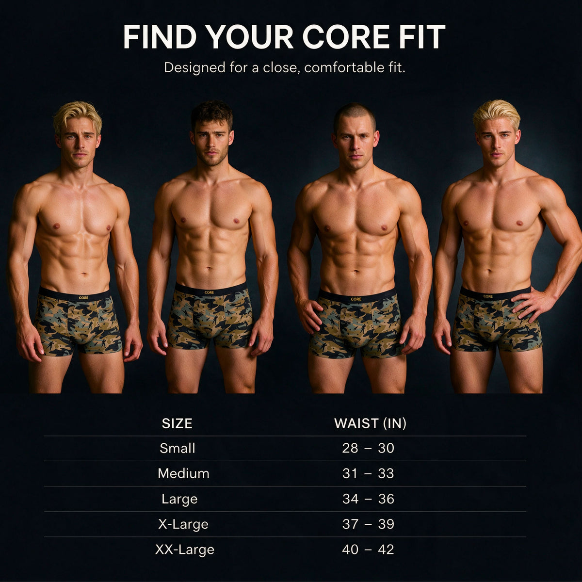 CORE Military size chart: Small 28–30, Medium 31–33, Large 34–36, XL 37–39, XXL 40–42 inches