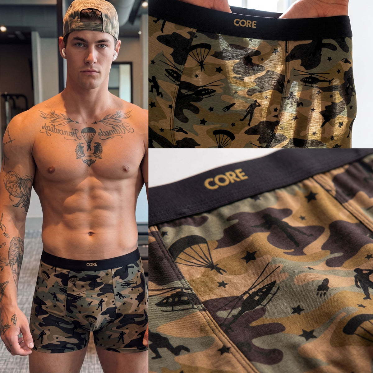 CORE Military model and camouflage fabric detail collage