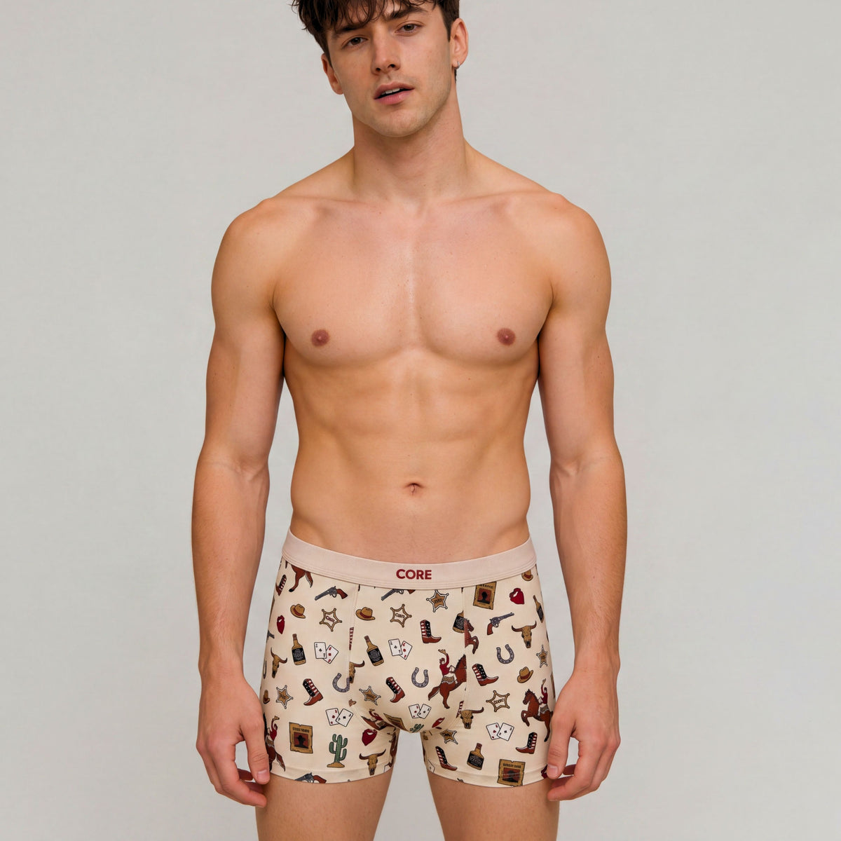 Model wearing CORE Western print boxer briefs, front view