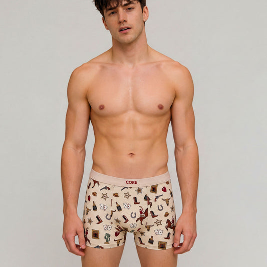 Model wearing CORE Western print boxer briefs, front view